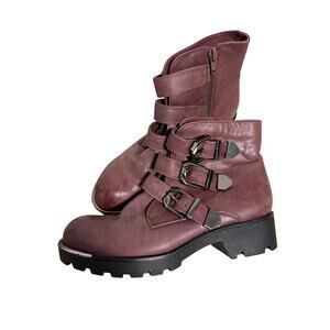 Teemix Boots Womens Size 240 Burgundy Triple Buckle Ankle Moto Lug Sole TM61A41